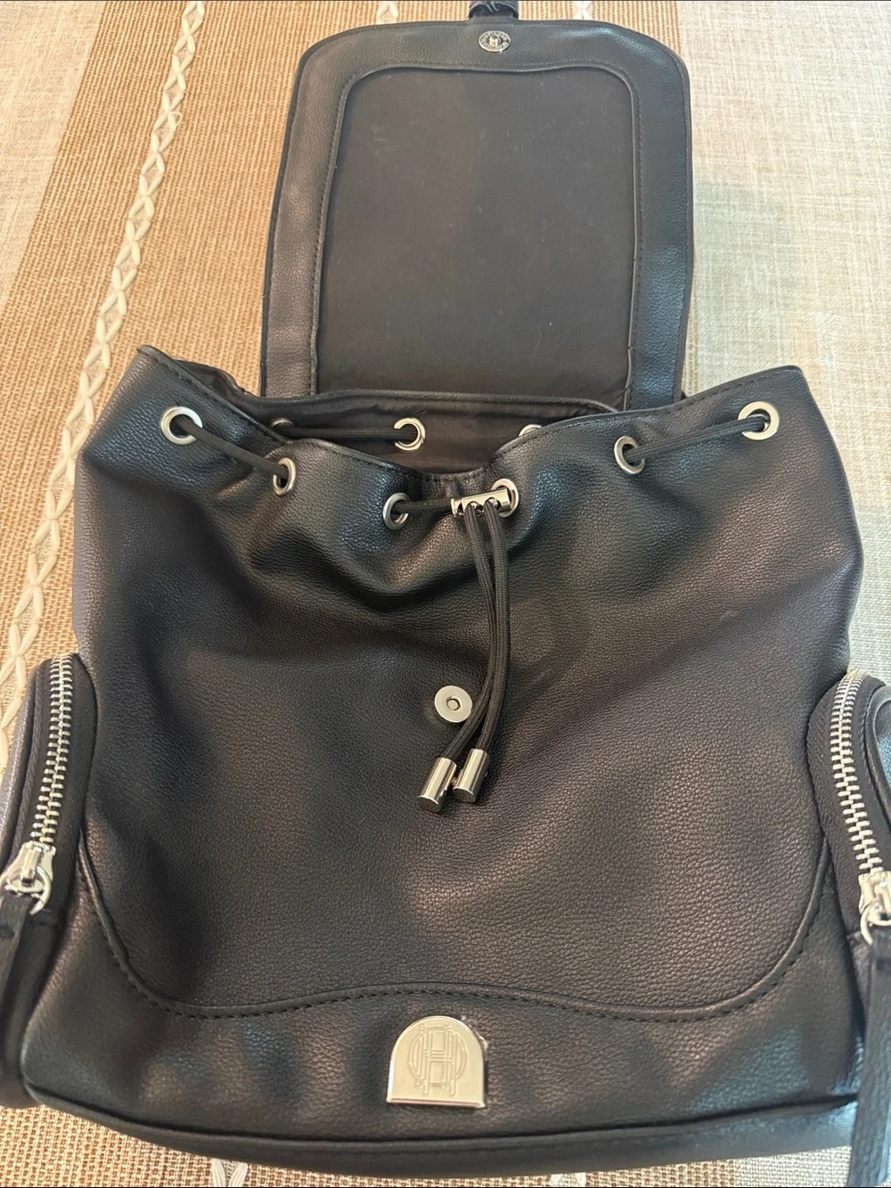 House of Harlow 1960 Black Chain Trim Backpack Faux Leather Buckle